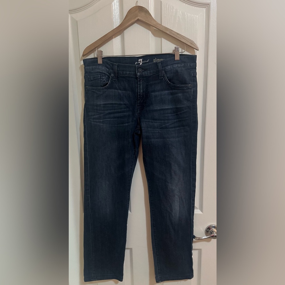 Men's‎ 7 For All Mankind Jeans SLIMMY 33x29 Distressed Blue Denim Zip Up.